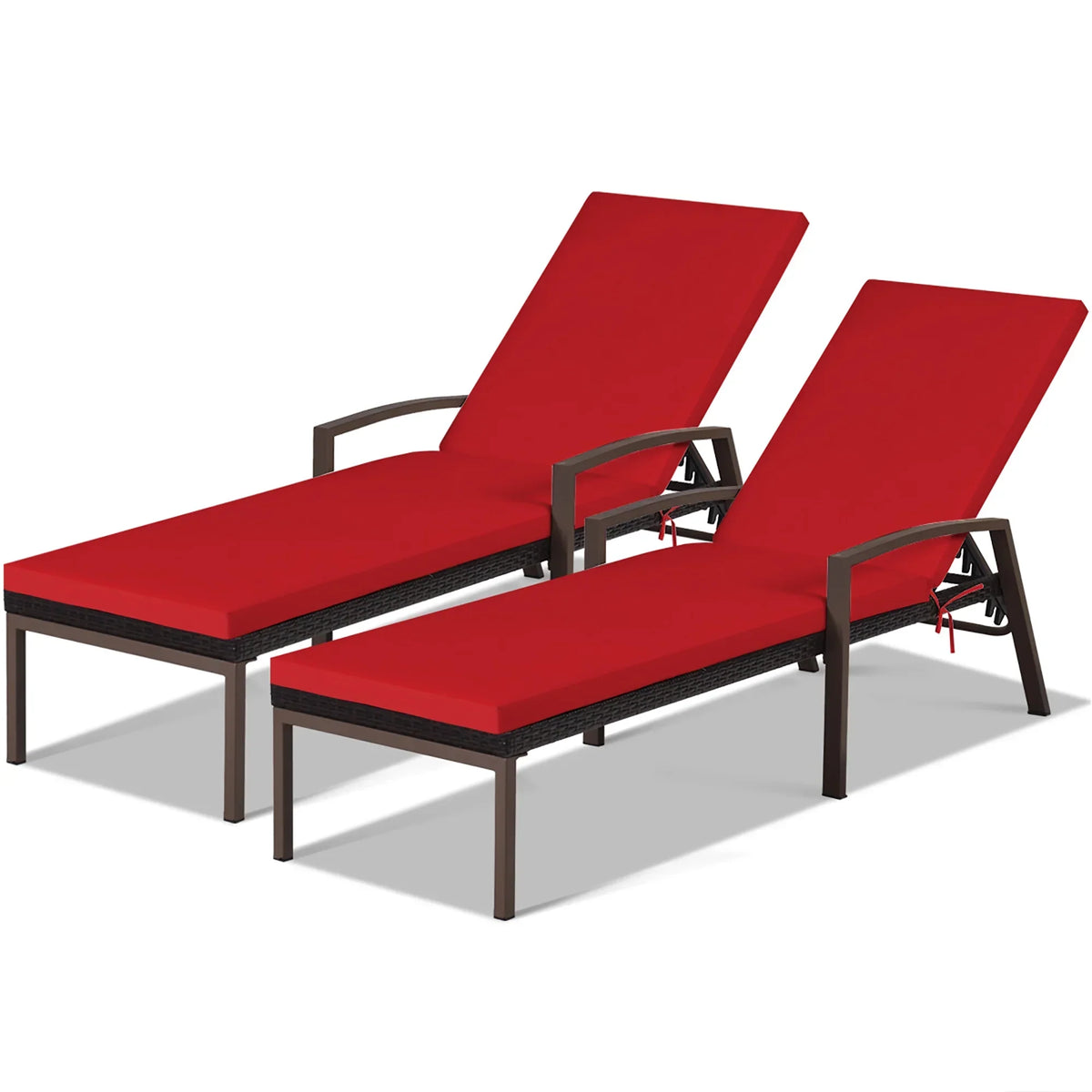 Nouveauté 2026 – Costway Lot de 2 chaises longues de patio en rotin, dossier inclinable, coussin réglable, rouge