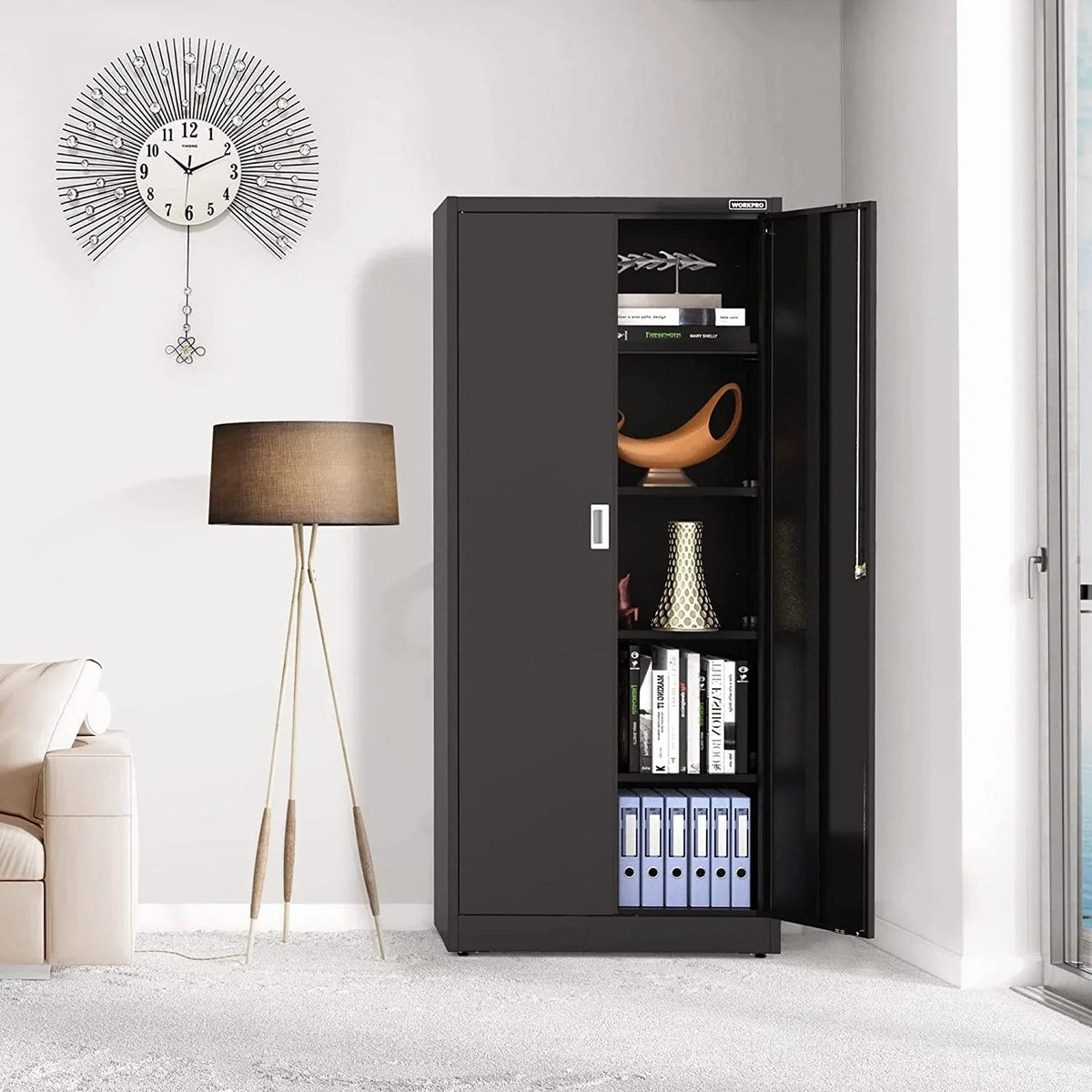 Nouveauté 2026 – Armoire de rangement métallique WORKPRO avec portes verrouillables et étagères réglables, hauteur 180 cm (71 pouces), idéale pour les outils, le bureau, la maison et les ateliers (noir), emballage soigné