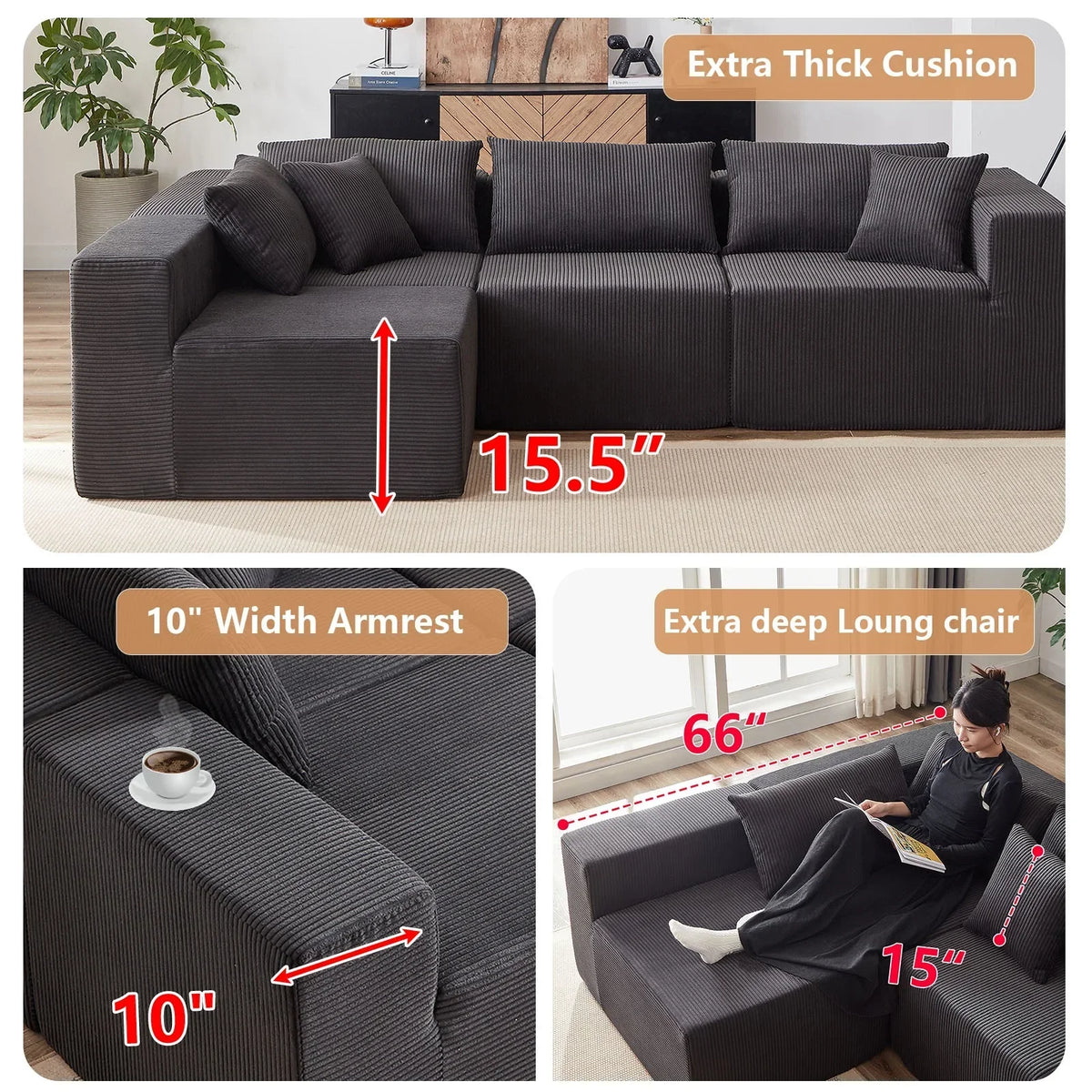 Nouveauté 2026 – Canapé d'angle modulaire en velours côtelé de 264 cm (104 pouces), ensemble de canapés de sol de luxe, mobilier d'intérieur rembourré, canapé compressé en mousse pour salon et chambre, combinaison libre de 4 pièces
