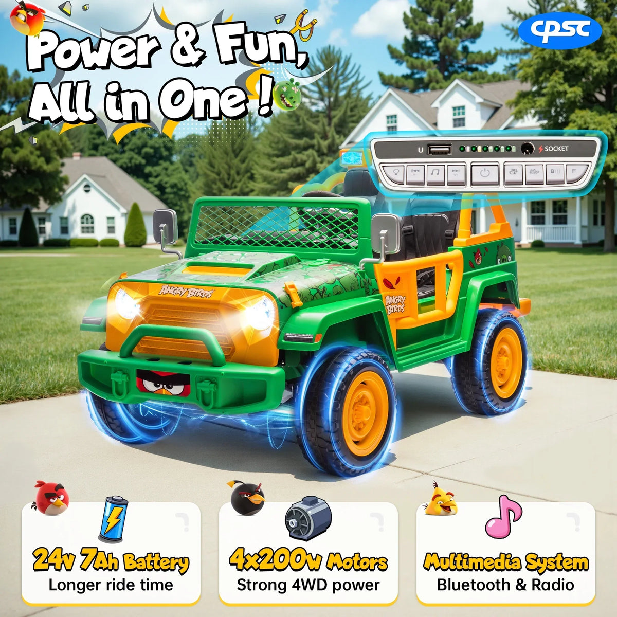 Nouveauté 2026 – Joyracer , véhicule électrique 24 volts pour enfants de 3 à 8 ans, sous licence Angry Birds, avec télécommande, pelle, Bluetooth, phares et roues motorisées. Convient aux enfants jusqu'à 60 kg (130 lbs). Couleur verte