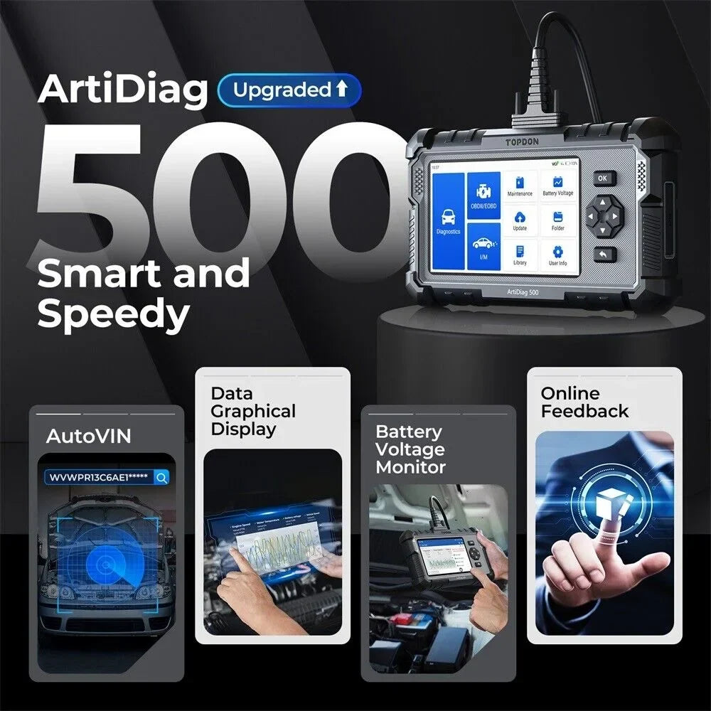 Nouveauté 2026 – Scanner OBD2 TOPDON ArtiDiag500 : diagnostic complet du moteur, de l'ABS, des SRS, de la transmission et du CAN. Test OBD2 complet