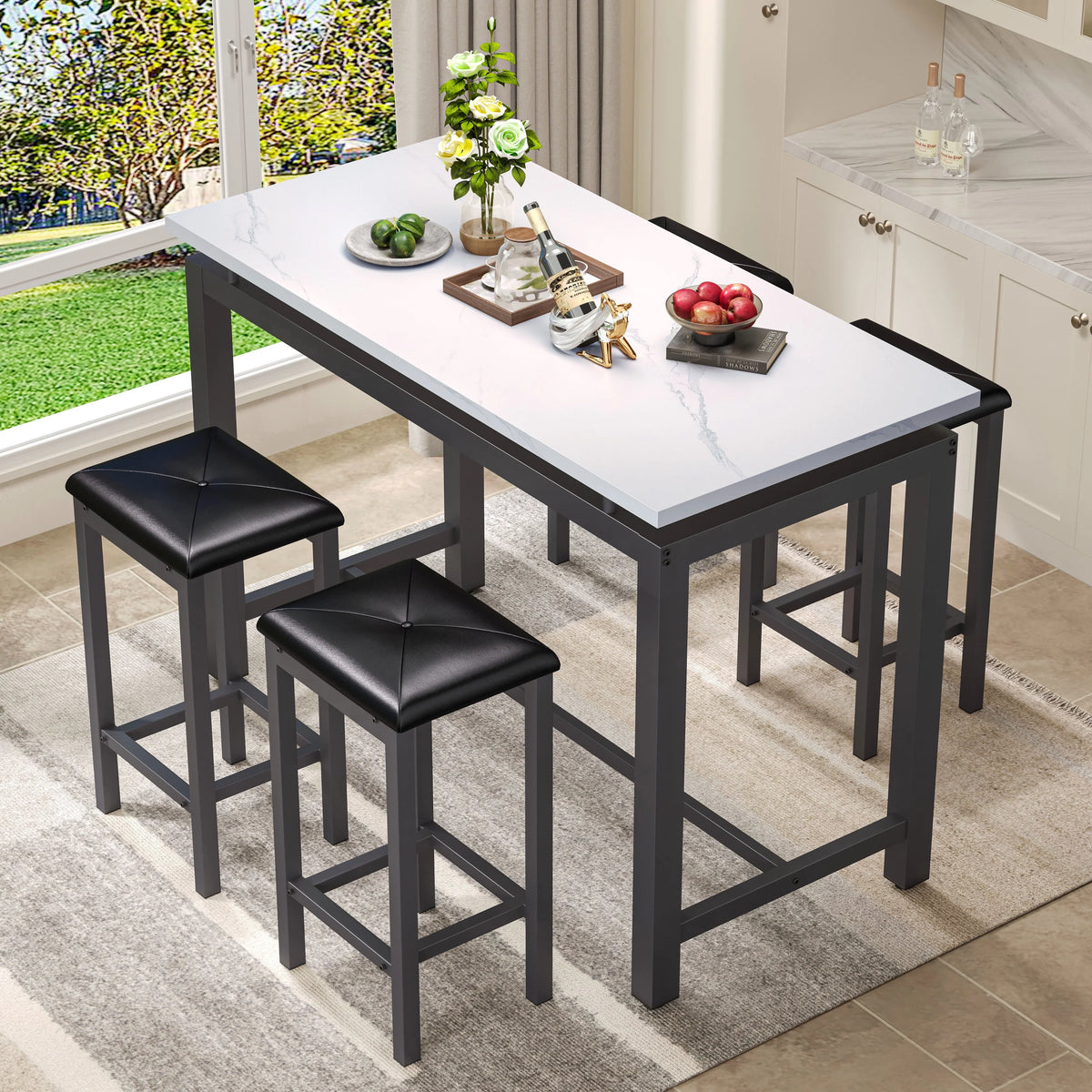 Nouveauté 2026 – Ensemble de table haute 5 places , table de bar et tabourets assortis, table à manger minimaliste avec tabourets sans dossier, ensemble table et chaises de bar avec plateau en bois pour cuisine, appartement ou bistrot - Gain de place