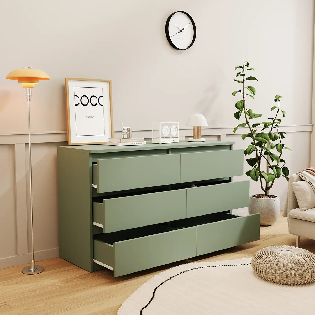 Nouveauté 2026 – Commode Resenkos moderne style milieu du siècle, 6 tiroirs, large, pour chambre à coucher, grise