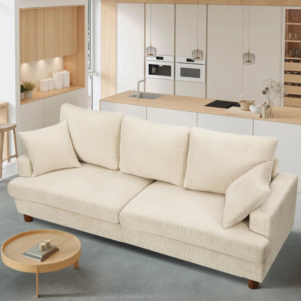Nouveauté 2026 – Canapé 3 places en velours côtelé 221 cm (87 pouces), avec assises extra profondes, confortable et rembourré, idéal pour le salon. Comprend 2 coussins et est disponible en vert