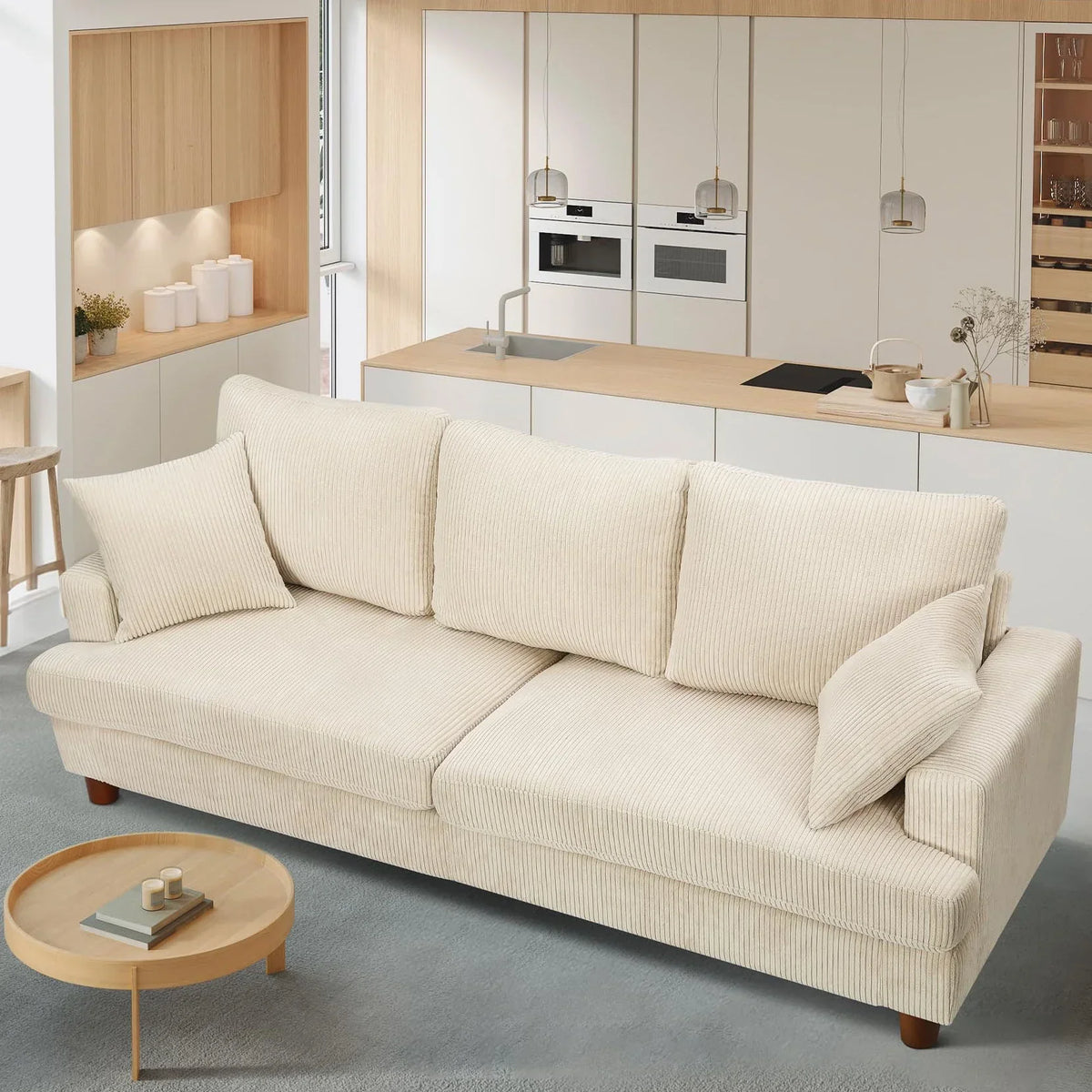 Nouveauté 2026 – Canapé 3 places en velours côtelé 221 cm (87 pouces), avec assises extra profondes, confortable et rembourré, idéal pour le salon. Comprend 2 coussins et est disponible en vert