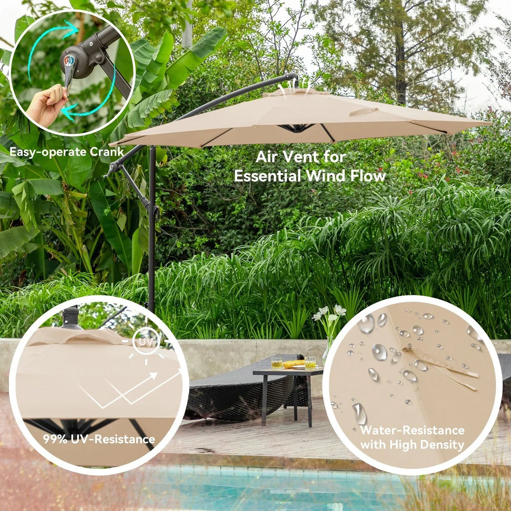 Nouveauté 2026 – Parasol déporté suspendu JUSTLET de 3 m (10 pi) robuste avec base en 4 pièces incluse, beige