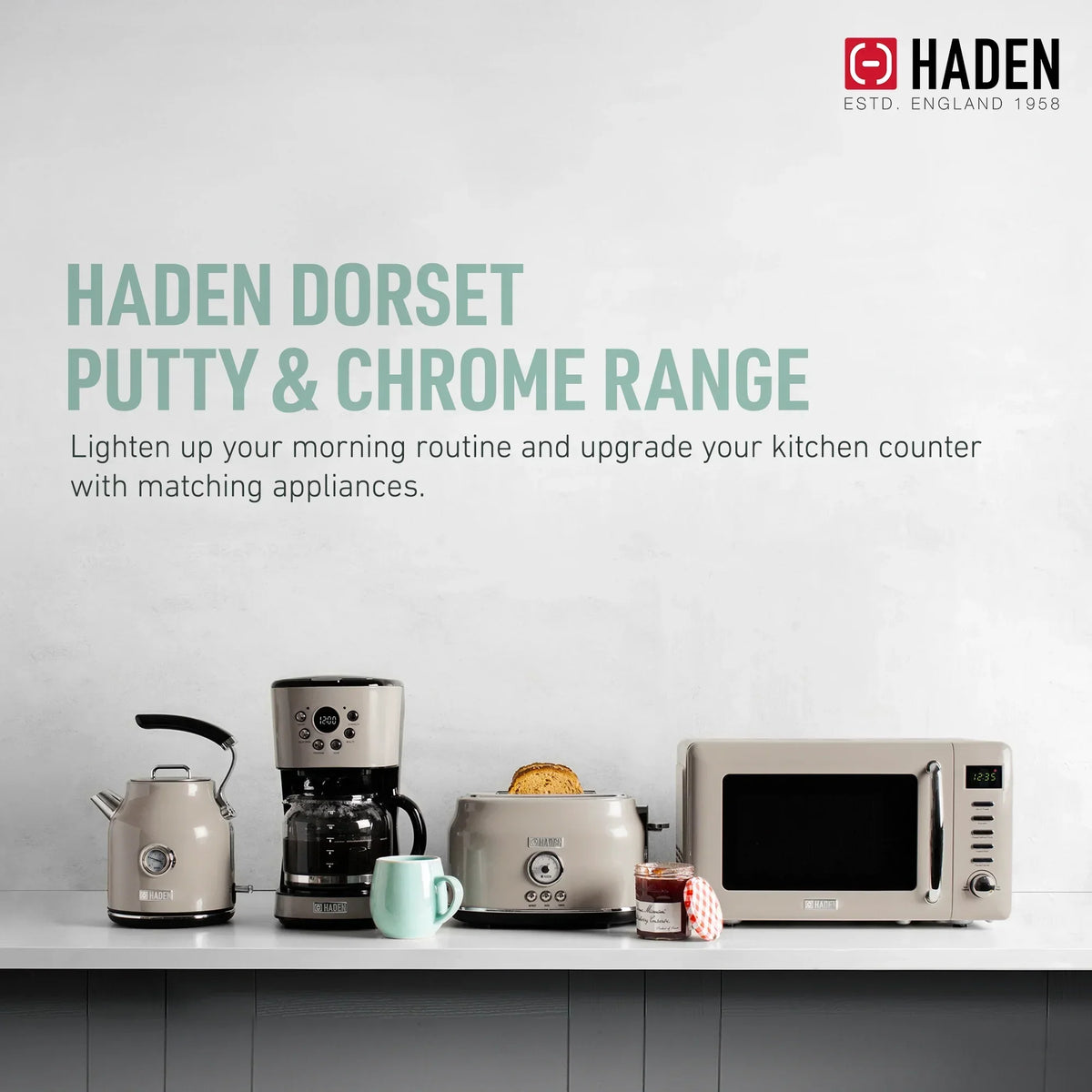 Nouveauté 2026 – Bouilloire électrique Haden Dorset 1,7 litre avec socle, mastic et chrome