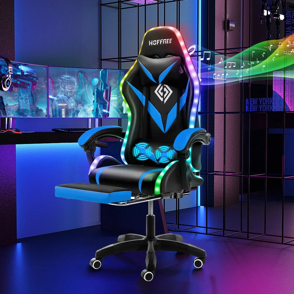 Nouveauté 2026 – Fauteuil de jeu Hoffree avec haut-parleurs intégrés, en cuir PU, repose-pieds et éclairage LED. Fauteuil ergonomique pour gamer avec massage, soutien lombaire et appui-tête pivotant et réglable. Idéal pour le télétravail et le bureau