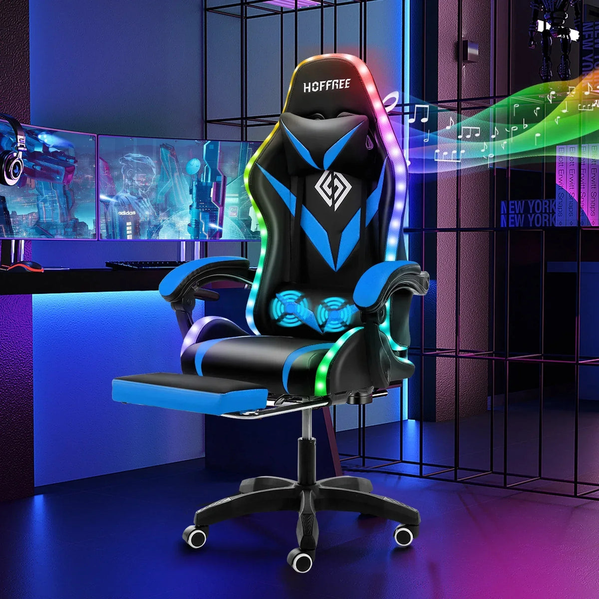 Nouveauté 2026 – Fauteuil de jeu Hoffree avec haut-parleurs intégrés, en cuir PU, repose-pieds et éclairage LED. Fauteuil ergonomique pour gamer avec massage, soutien lombaire et appui-tête pivotant et réglable. Idéal pour le télétravail et le bureau