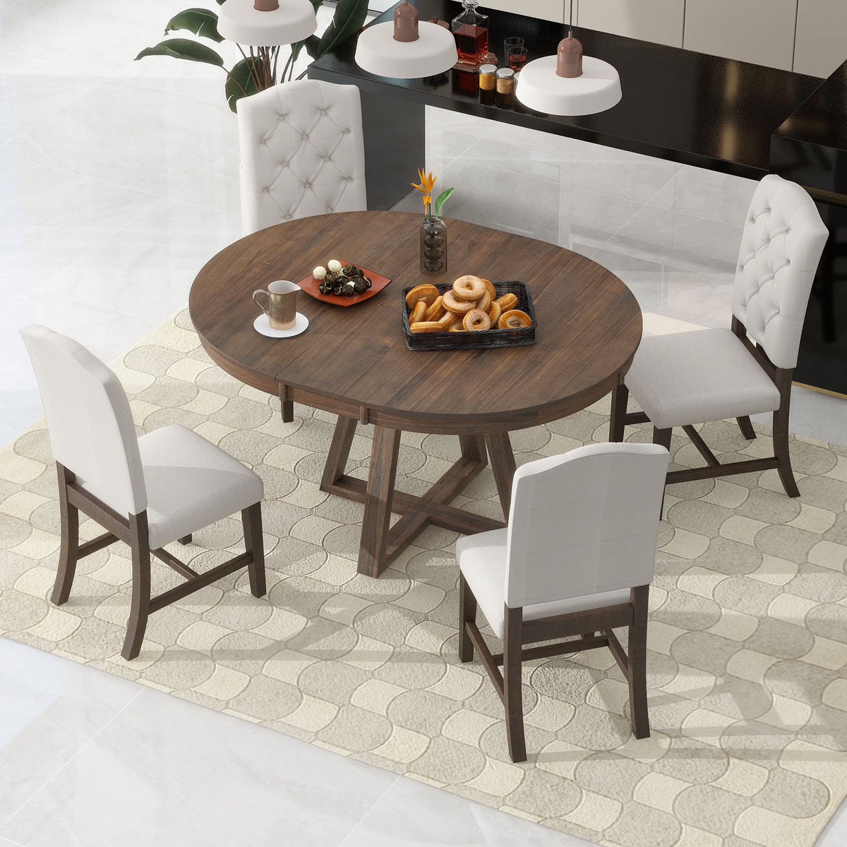 Nouveauté 2026 – Ensemble de salle à manger rond 5 pièces , comprenant une table extensible et 4 chaises rembourrées, en bois, pour 4 personnes. Style campagnard, idéal pour la cuisine, la salle à manger ou un appartement. Couleur : marron