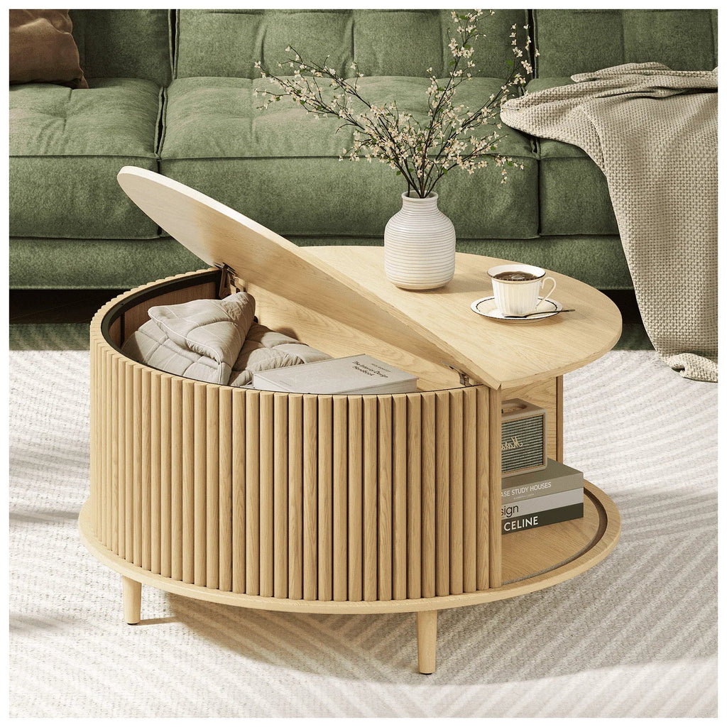 Nouveauté 2026 – Table basse ronde JOINICE avec rangement et porte coulissante, table centrale en bois de style moderne du milieu du siècle, pour salon, noyer