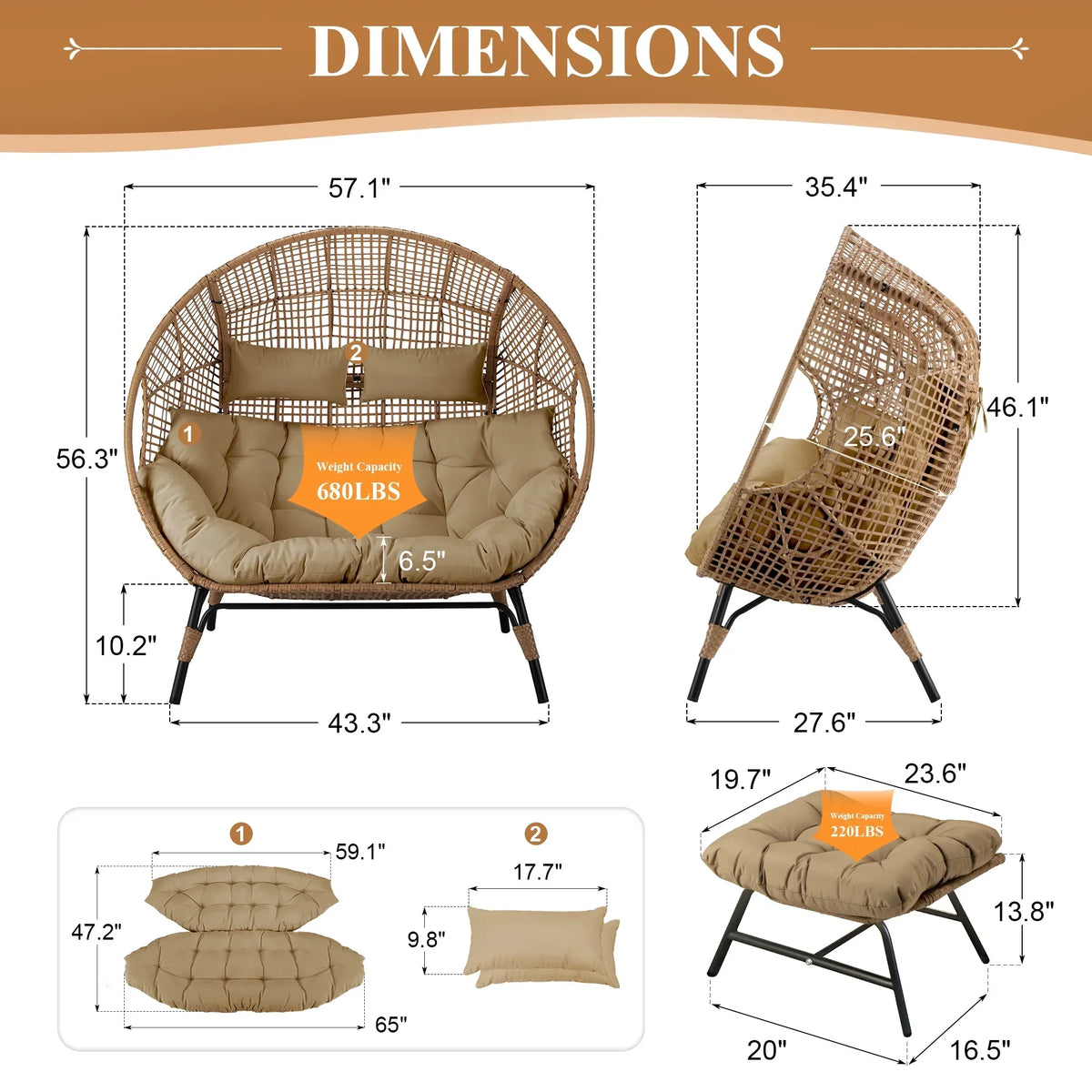 Nouveauté 2026 – Fauteuil double œuf RADIATA pour 2 personnes, canapé deux places surdimensionné en résine tressée avec coussins épais, capacité de 308 kg, fauteuil de jardin/terrasse fixe pour intérieur/extérieur, balcon, jardin, beige