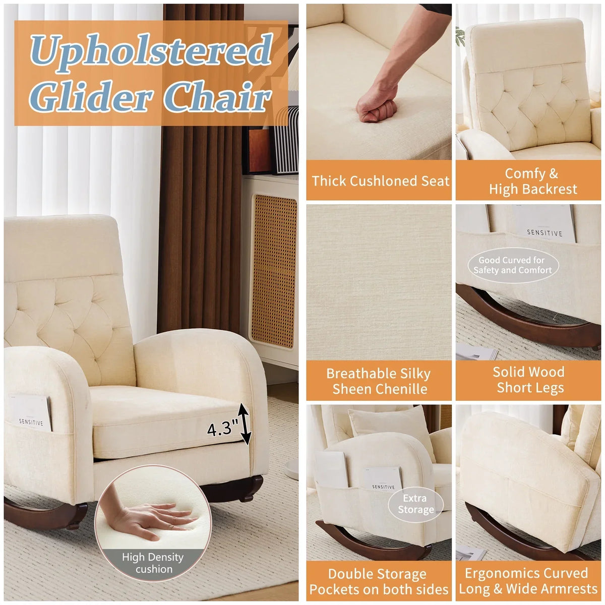 Nouveauté 2026 – Fauteuil à bascule Ktaxon , fauteuil de lecture inclinable, confortable, revêtu de velours peluche, canapé à bascule une place, beige, idéal pour le salon, la chambre d'enfant ou la chambre à coucher