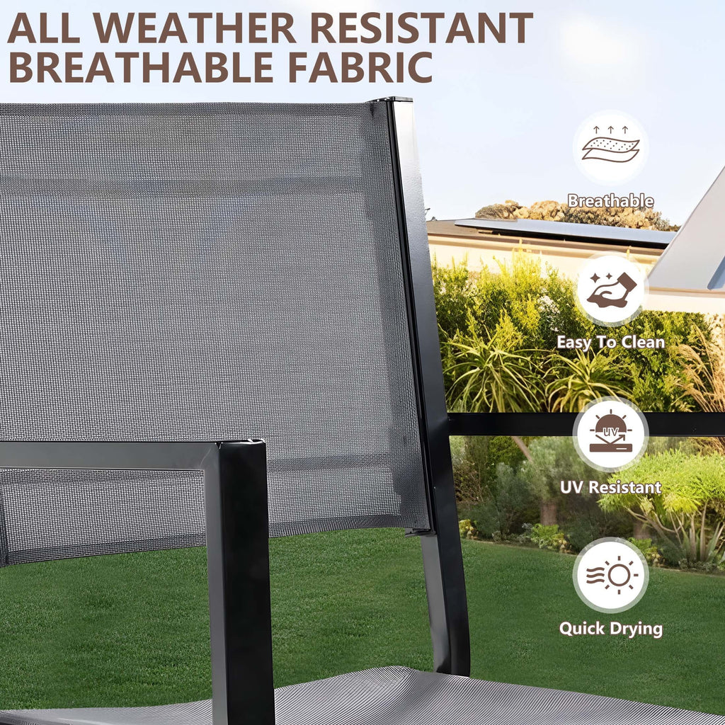Nouveauté 2026 – Ensemble de salle à manger d'extérieur 7 pièces , comprenant une table et des chaises pour 6 personnes, un plateau en plastique imitation bois et un mobilier de jardin en textilène. Idéal pour terrasse ou patio
