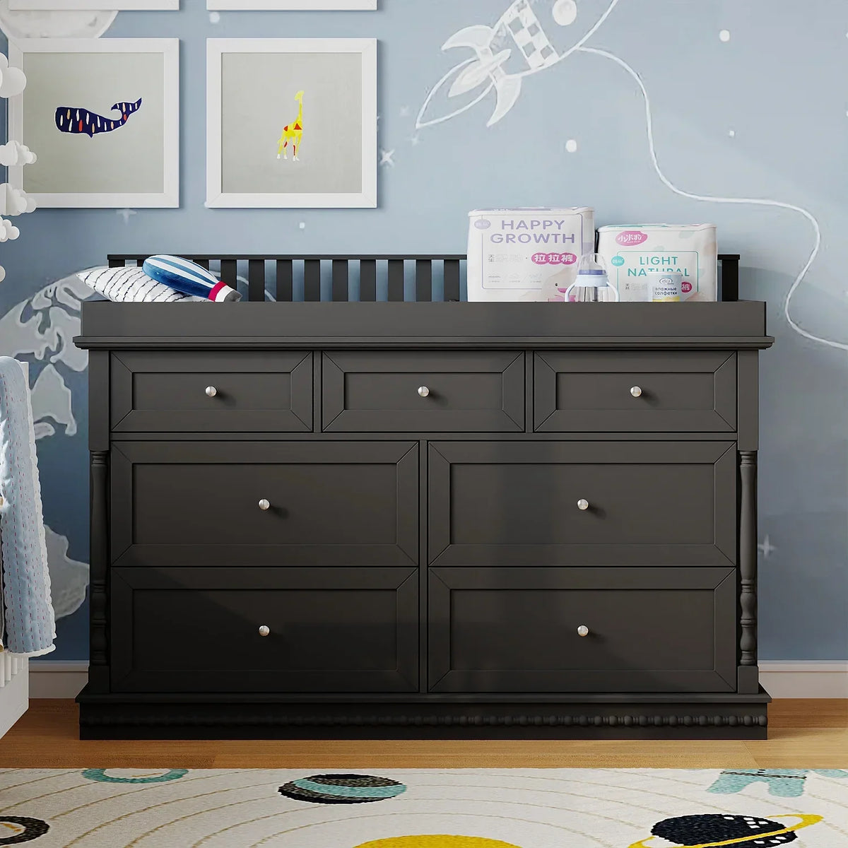 Nouveauté 2026 – Table à langer/commode pour chambre de bébé OXYLIFE , 114 cm (45 po), avec 4 tiroirs et une étagère, blanche