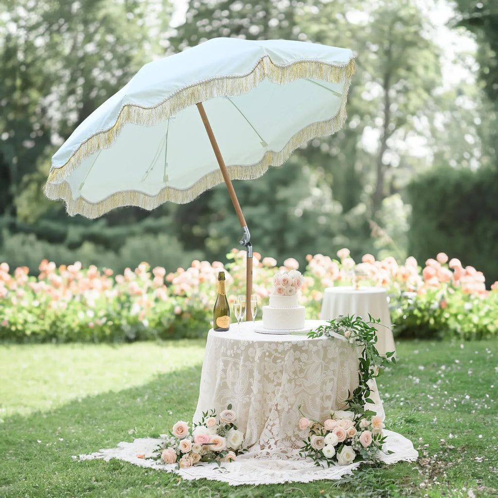 Nouveauté 2026 – Parasol de terrasse LAGarden de 1,8 m à franges et pompon, style Jazz Age, en bois, protection UPF50+, beige avec pompon doré, modèle : JZ6-01