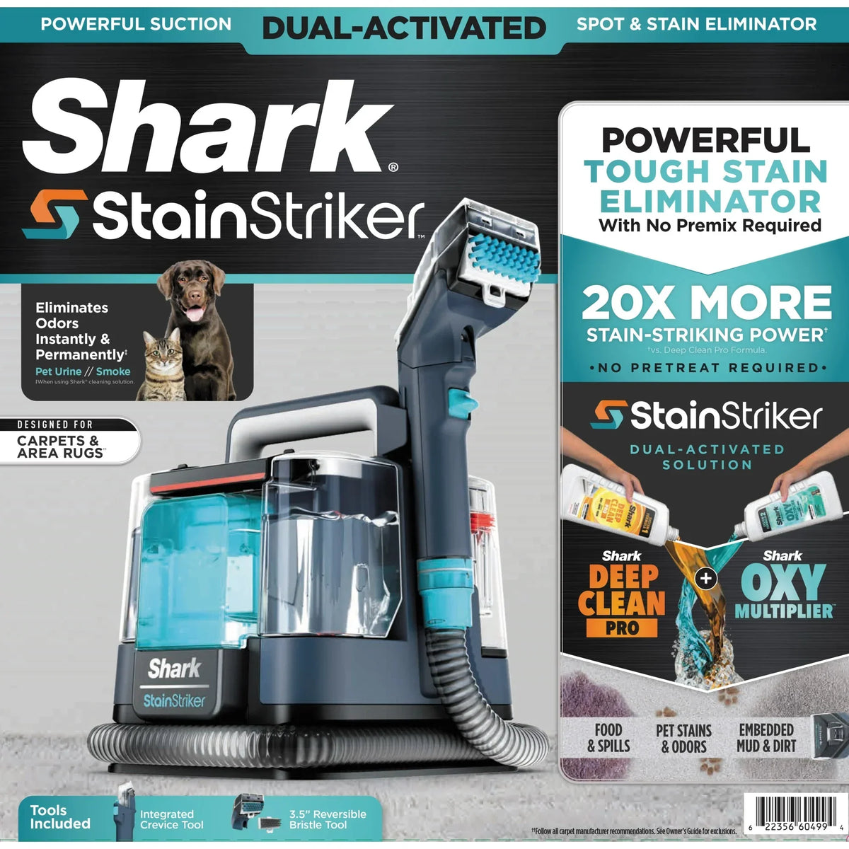Nouveauté 2026 – Nettoyant pour tapis et tissus d'ameublement Shark StainStriker , portable avec 2 accessoires, 177 ml de formule Deep Clean Pro et 355 ml de formule OXY Multiplier, PX200 bleu marine/blanc