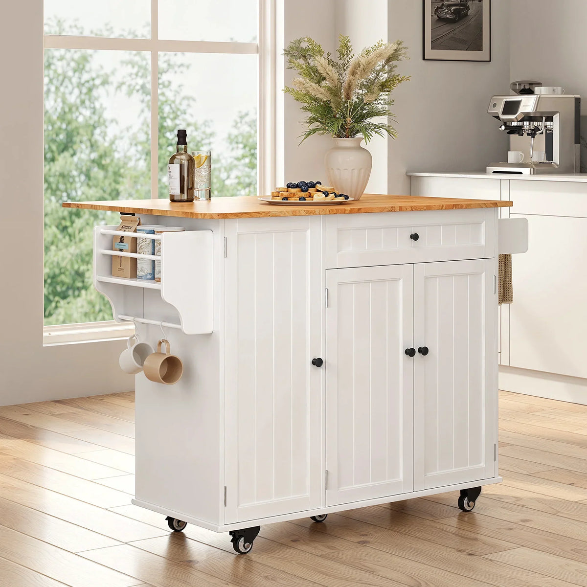 Nouveauté 2026 – Îlot de cuisine Noelse avec rangements, table d'appoint rabattable, porte-épices et porte-serviettes pour petites cuisines, blanc