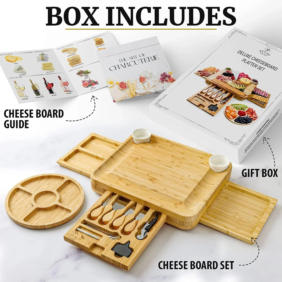Nouveauté 2026 – Ensemble de planches à fromage et à charcuterie extra épaisses en bambou Zulay Kitchen - Coffret de luxe 15 pièces