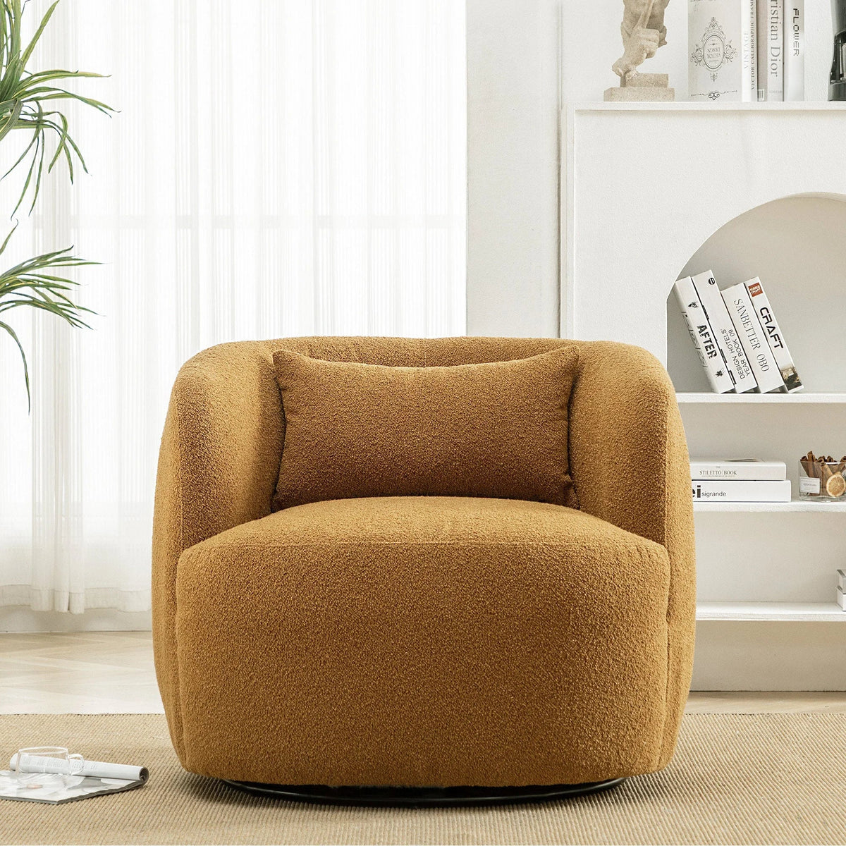 Nouveauté 2026 – Fauteuil pivotant rond 34" en bouclette de 86 cm de large, sans assemblage, avec coussin décoratif, idéal pour le salon et la chambre, couleur taupe