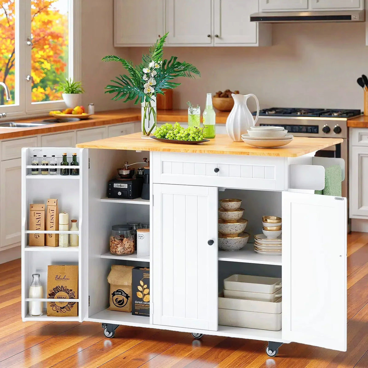 Nouveauté 2026 – Îlot de cuisine mobile Lofka avec rangements, plateau en bois massif, tiroirs, étagère à épices et porte-serviettes - Poste de travail mobile idéal pour les petites cuisines et salles à manger, blanc