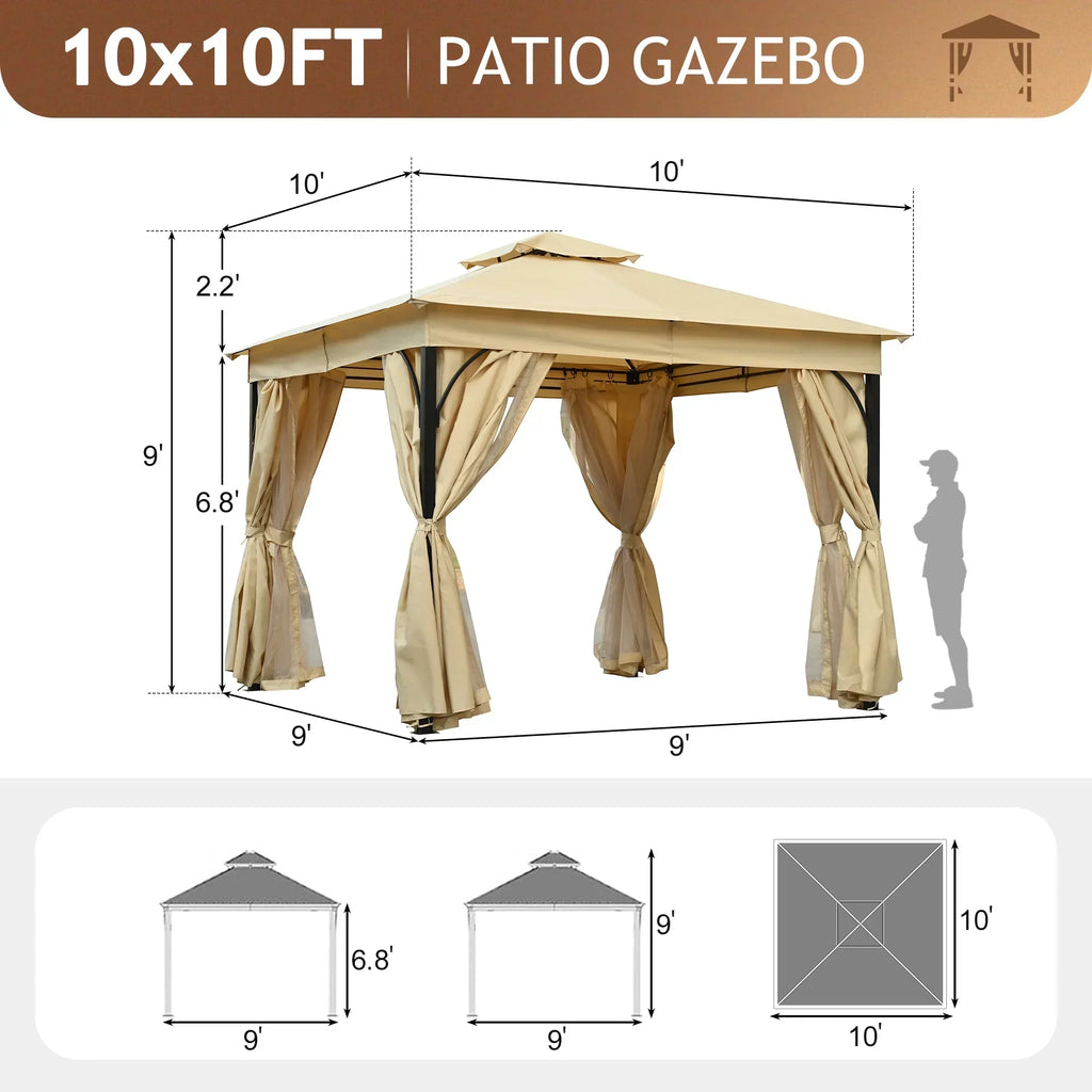 Nouveauté 2026 – Gazebo d'extérieur 10'x10', gazebo de patio avec moustiquaire et écrans d'intimité pour cour arrière, jardin, pelouse et terrasse, gris