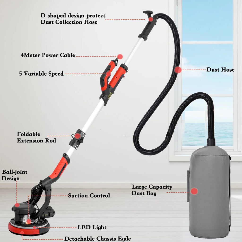 Nouveauté 2026 – Ponceuse électrique pour cloisons sèches POVANLI 780 W avec aspiration des poussières, moteur 6,5 A, vitesse variable (900-1800 tr/min), éclairage LED, poignée extensible et pliable, jaune et noir
