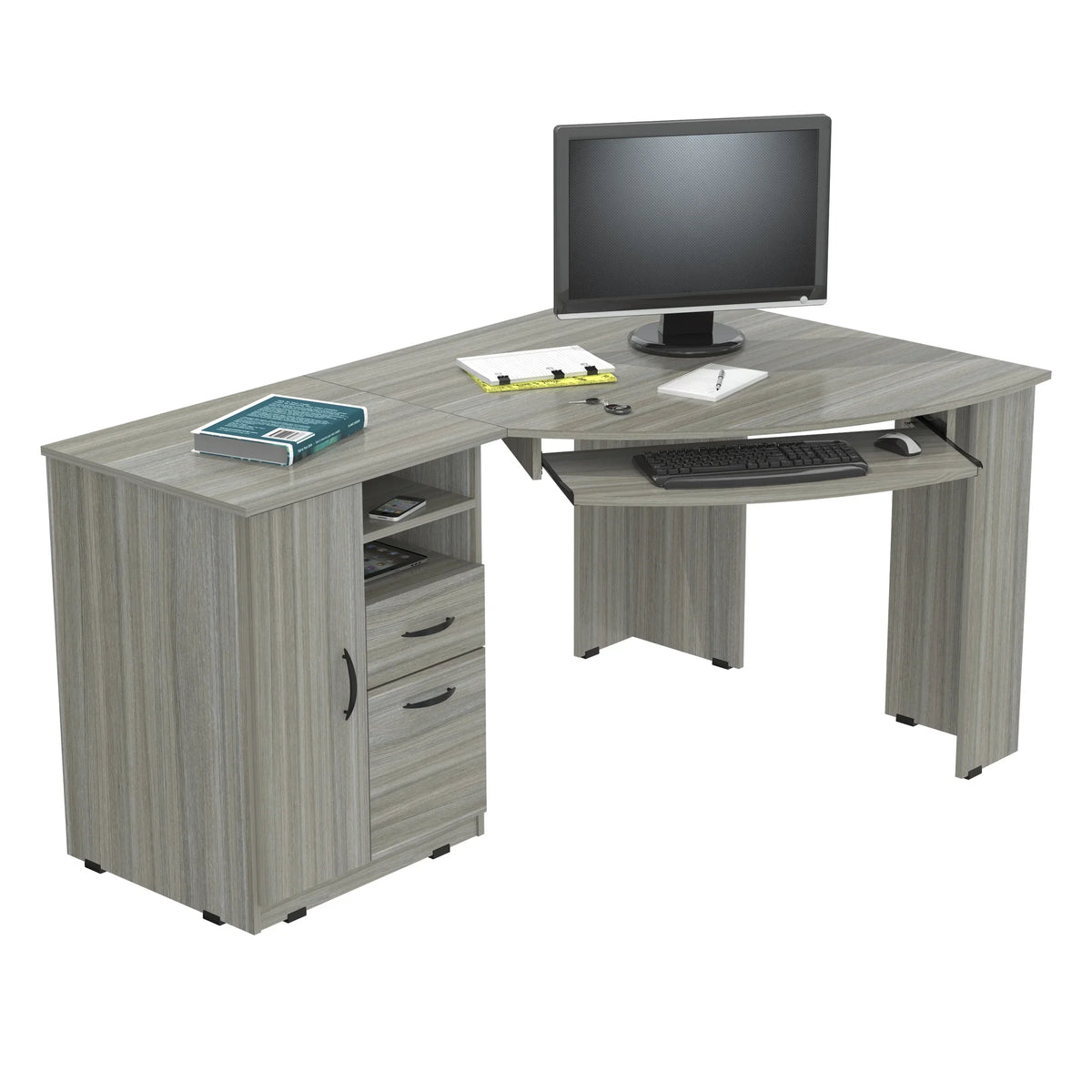 Nouveauté 2026 – Bureau d'angle moderne Inval avec 2 tiroirs et un placard, chêne blanchi