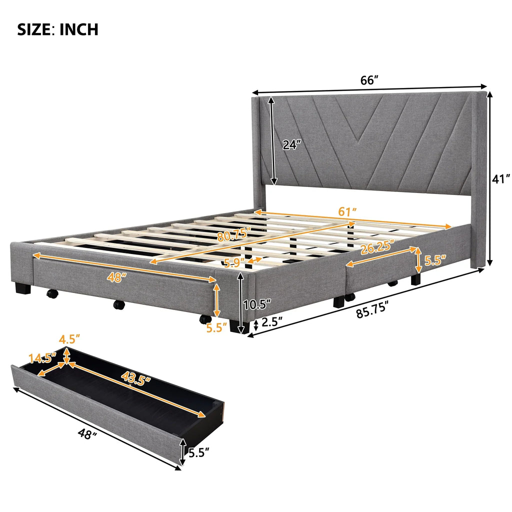 Nouveauté 2026 – Cadre de lit Queen Sesslife avec rangement, nouveau lit plateforme rembourré en lin amélioré avec 3 tiroirs, lit de rangement Queen avec tête de lit et lattes en bois, aucun sommier requis, supporte 227 kg, beige