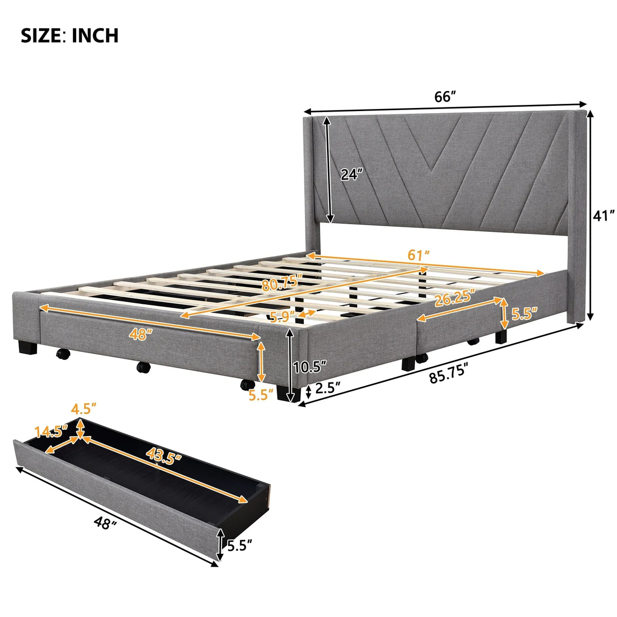 Nouveauté 2026 – Cadre de lit Queen Sesslife avec rangement, nouveau lit plateforme rembourré en lin amélioré avec 3 tiroirs, lit de rangement Queen avec tête de lit et lattes en bois, aucun sommier requis, supporte 227 kg, beige