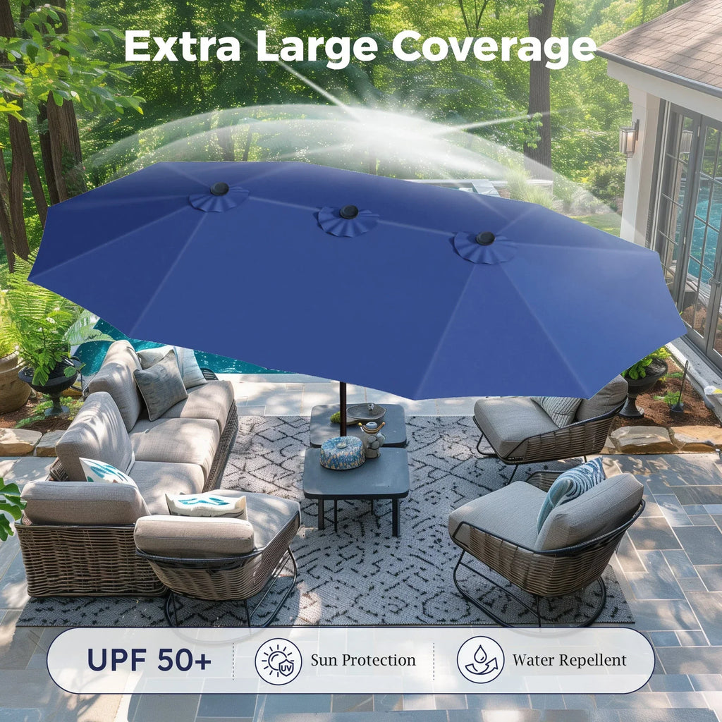 Nouveauté 2026 – Parasol de jardin extra-large Alpha Joy 4,57 m (15 pi) à double face avec manivelle et base - Gris fumé