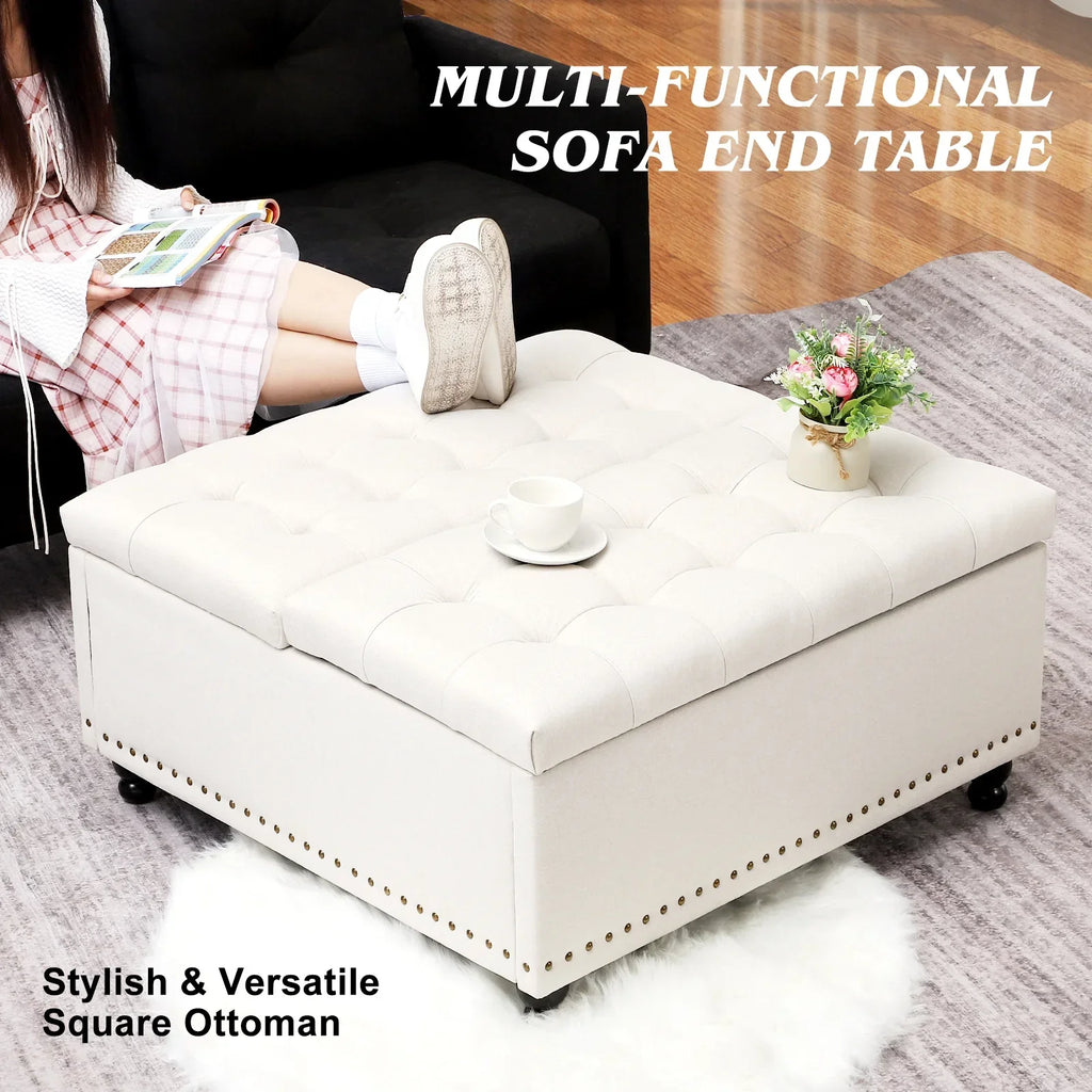 Nouveauté 2026 – Pouf de rangement carré Magic Union 35" , grand modèle, avec plateau relevable et revêtement capitonné, idéal pour le salon (beige