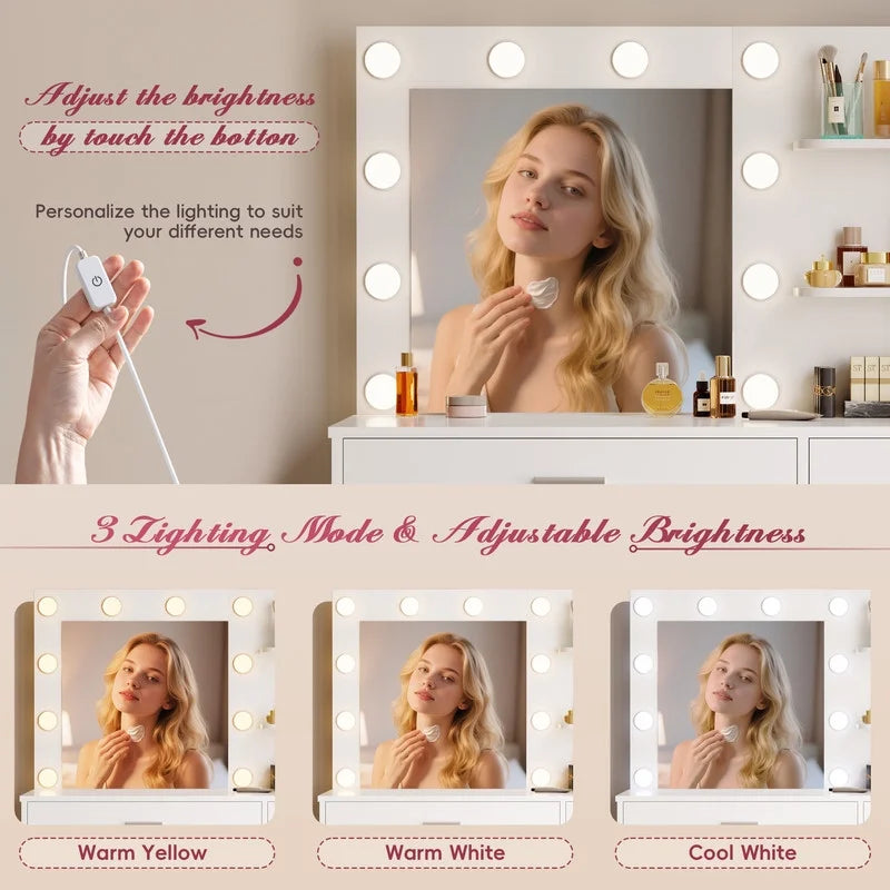 Nouveauté 2026 – Coiffeuse Lacoo avec miroir et éclairage LED, meuble de maquillage avec 7 tiroirs et 4 étagères, table de toilette avec prise électrique pour chambre ou dressing, blanche