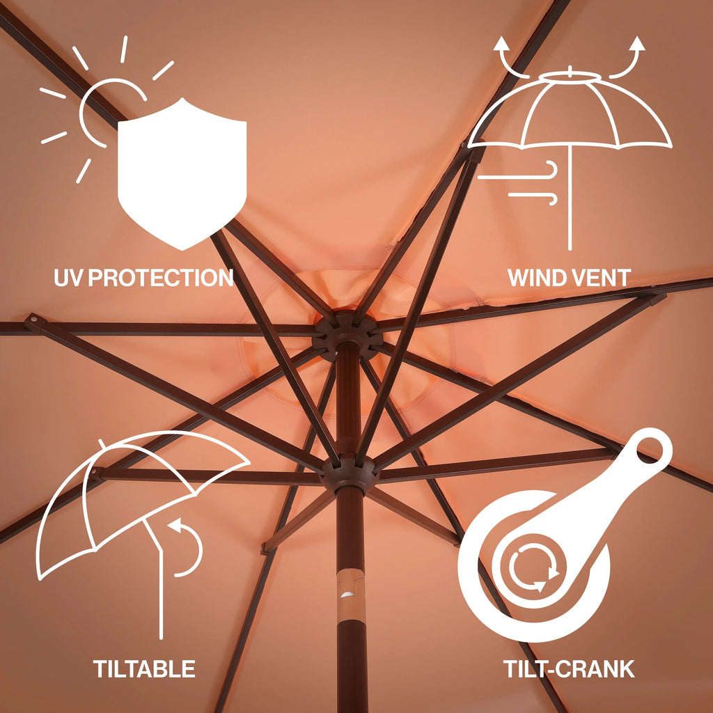 Nouveauté 2026 – Parasol de marché JONATHAN Y Tracy 2,74 m (9 pi), style classique milieu du siècle, franges festonnées, manivelle d'inclinaison automatique, aération et protection UV, rose corail/blanc, mât marron foncé