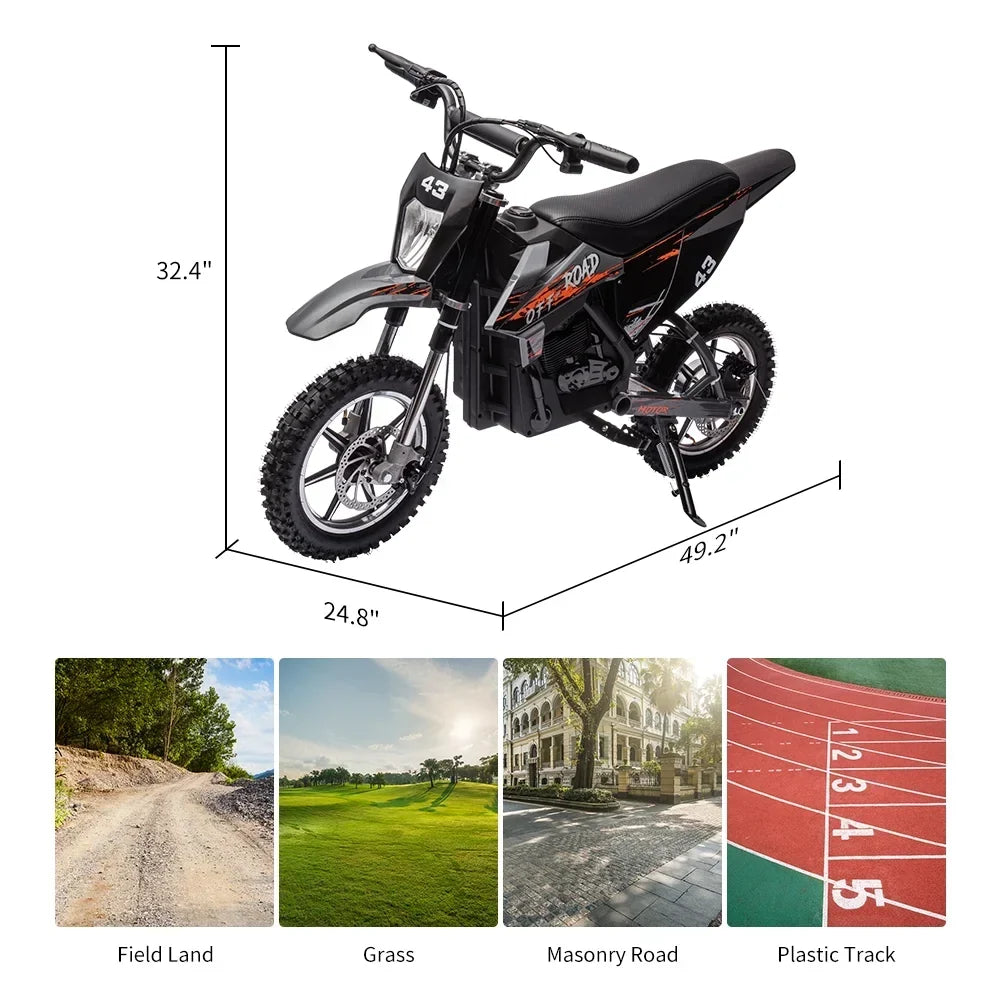 Nouveauté 2026 – Moto électrique tout-terrain pour enfants , 36 V, jusqu'à 25 km/h, moteur sans balais de 350 W, phare LED, selle en cuir, freins avant et arrière, pour enfants de 8 à 16 ans, charge maximale 79 kg