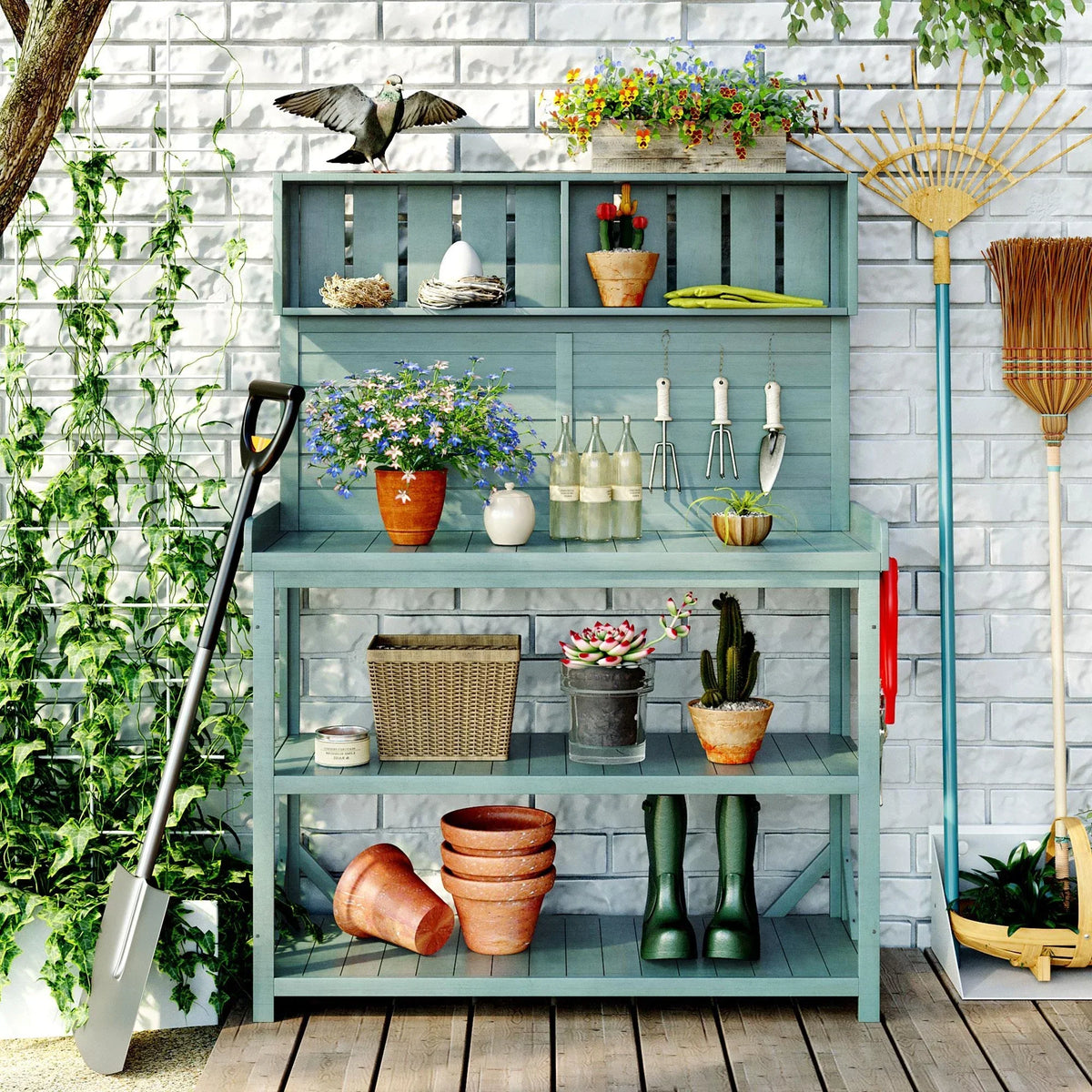 Nouveauté 2026 – Table de rempotage rustique en bois de style ferme, 165 cm (65 pouces), neuve , avec 4 étagères de rangement et un crochet latéral, verte. Idéale pour le jardin et la terrasse