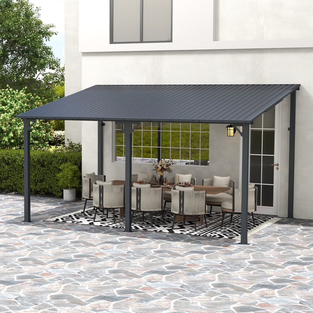 Nouveauté 2026 – Pergola extérieure neuve de 2,44 m x 3,05 m, tonnelle adossée, pergola métallique robuste avec toit rigide, idéale pour patio, jardin, terrasse ou piscine
