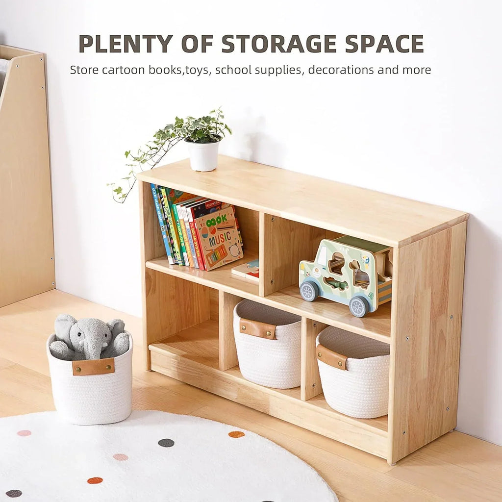 Nouveauté 2026 – Étagère Montessori 5 compartiments en bois d'hévéa Rubber , bibliothèque pour tout-petits de 90 cm de long, armoire de rangement en bois à 2 niveaux, organisateur pour salle de classe, salle de jeux, garderie et école maternelle