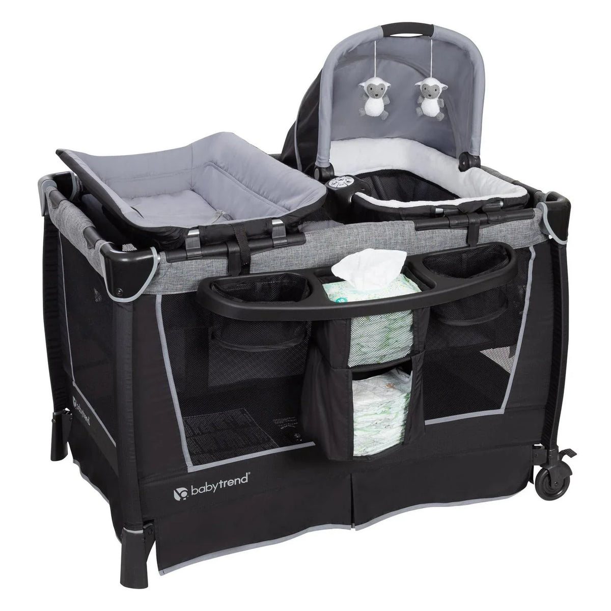 Nouveauté 2026 – Parc pour bébé Simply Smart Nursery Center de Baby Trend avec berceau et sac de transport - Gris murmure