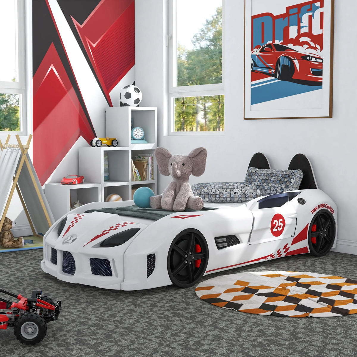 Nouveauté 2026 – Lit double en plastique pour enfants Dash Kids, motif voiture de course, avec LED et son, blanc, Furniture of America