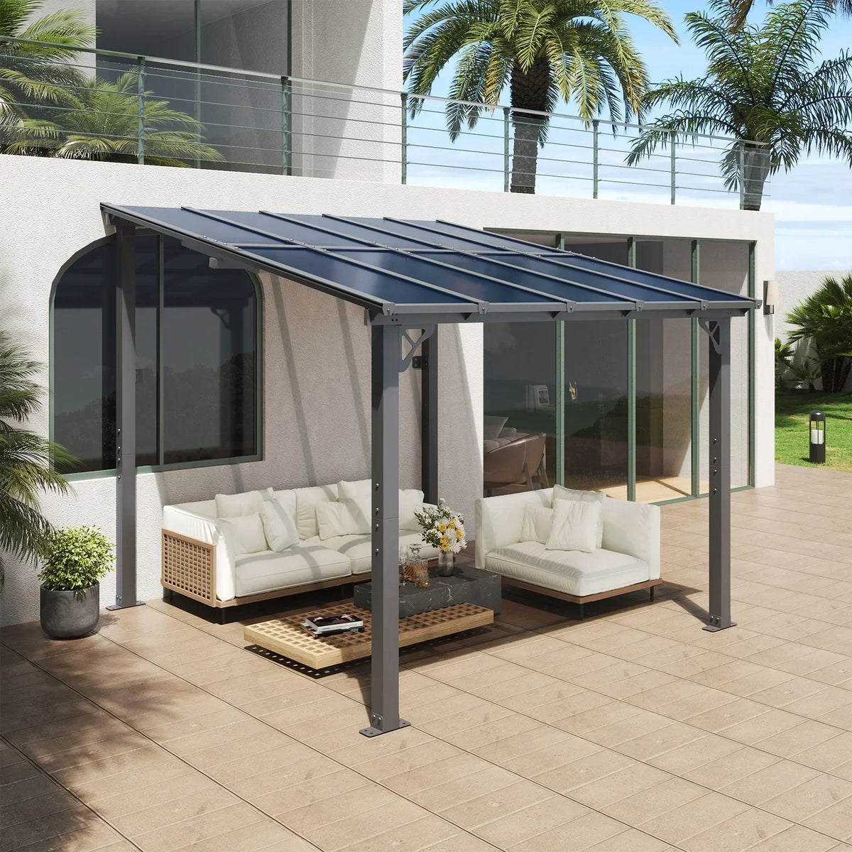 Nouveauté 2026 – Gazebo Aoxun de 2,4 m x 1,5 m pour patio, pergola avec toit incliné, grand auvent mural robuste pour barbecue, idéal pour jardin, terrasse ou patio