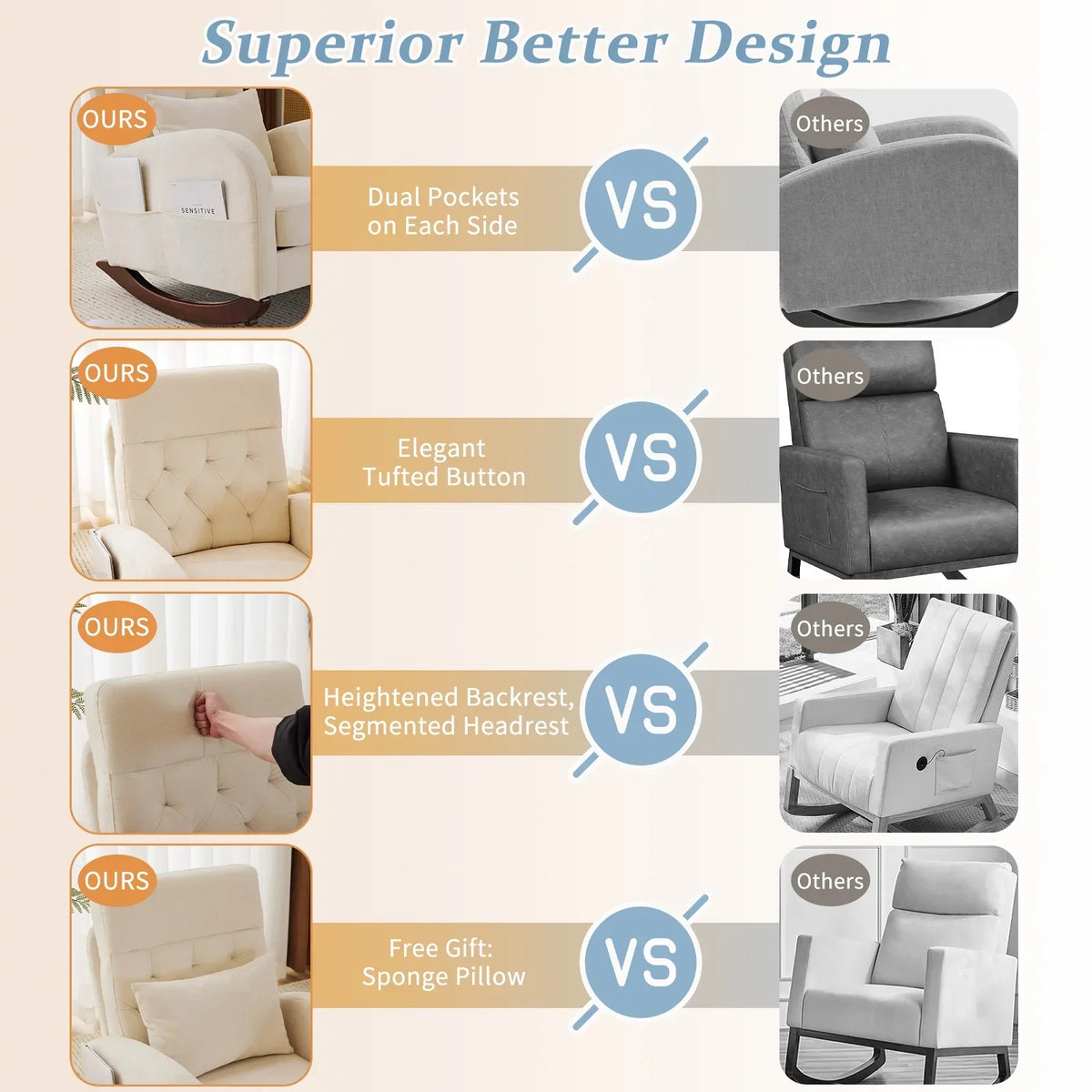 Nouveauté 2026 – Fauteuil à bascule Ktaxon , fauteuil de lecture inclinable, confortable, revêtu de velours peluche, canapé à bascule une place, beige, idéal pour le salon, la chambre d'enfant ou la chambre à coucher