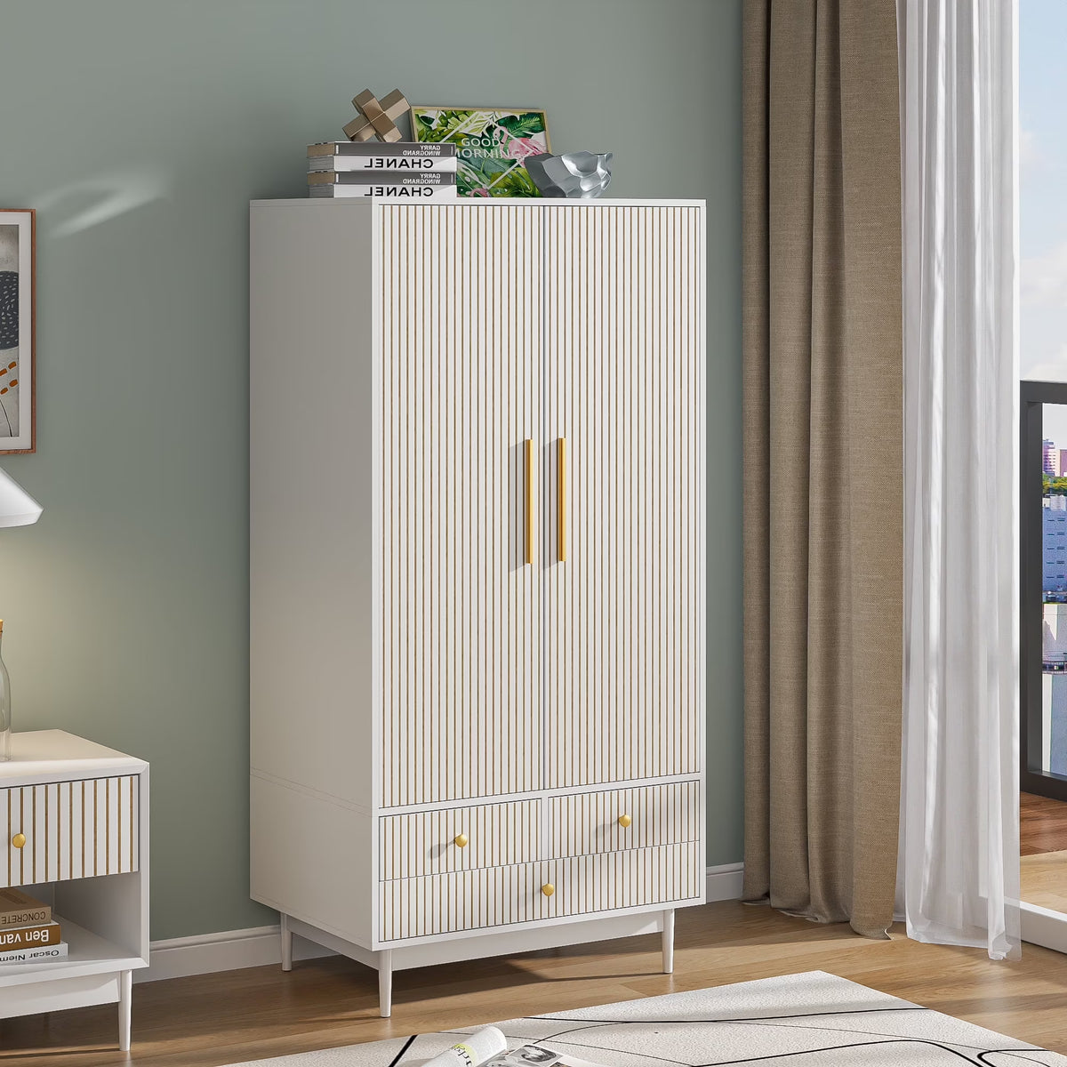 Nouveauté 2026 – Armoire-penderie Armoire à 2 portes, avec penderie et tiroirs, en bois blanc, idéale pour la chambre à coucher