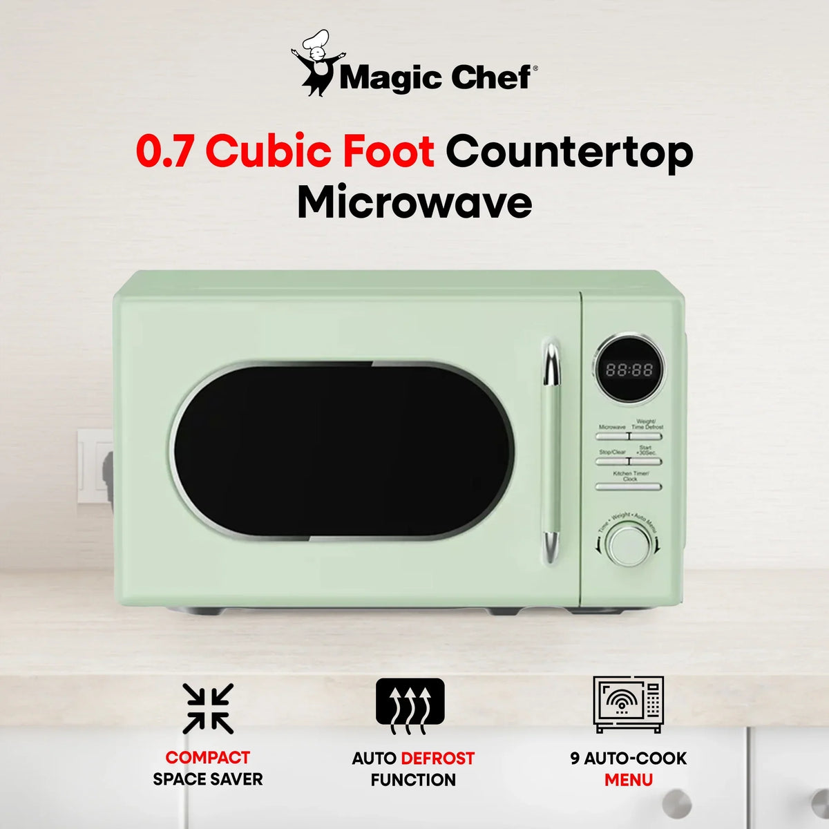 Nouveauté 2026 – Micro-ondes rétro classique Magic Chef 0,7 pi³ (19,8 L), 700 W, vert (neuf, boîte ouverte