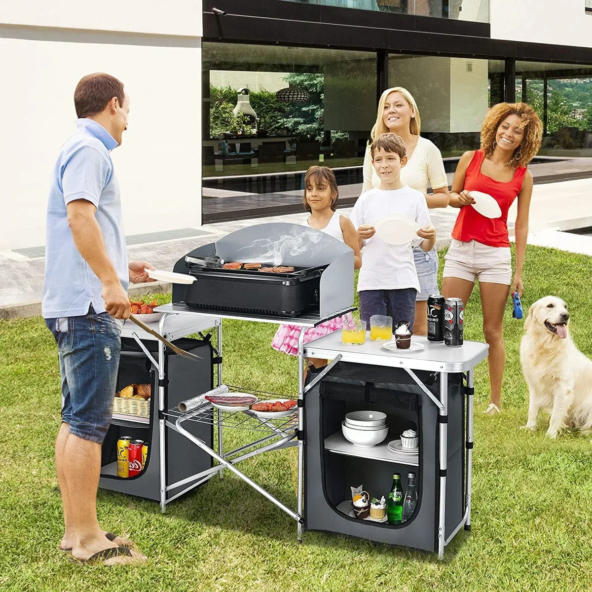 Nouveauté 2026 – Table de cuisine de camping Camping avec rangement, table de cuisson extérieure portable en aluminium avec pare-vent, table de camping pliable pour barbecue, grillades, fêtes et pique-niques