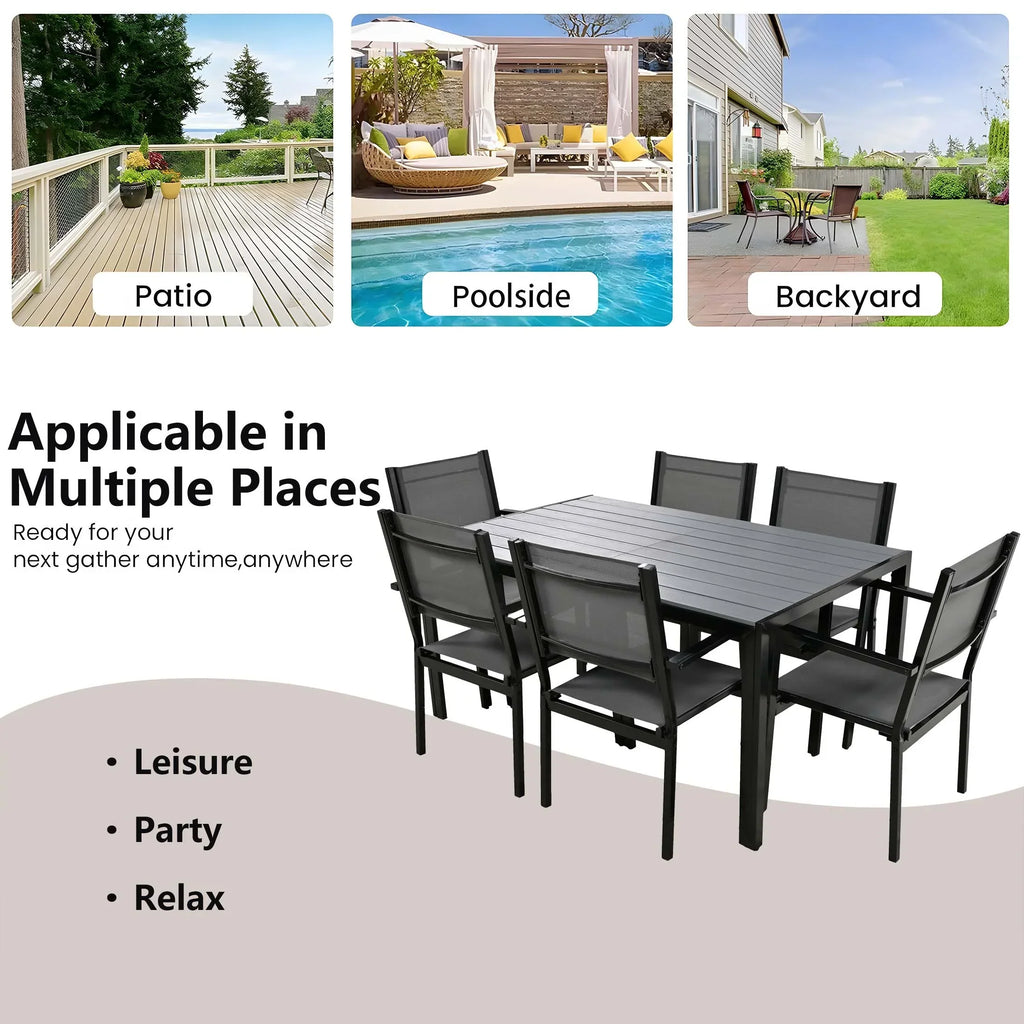 Nouveauté 2026 – Ensemble de salle à manger d'extérieur 7 pièces , comprenant une table et des chaises pour 6 personnes, un plateau en plastique imitation bois et un mobilier de jardin en textilène. Idéal pour terrasse ou patio