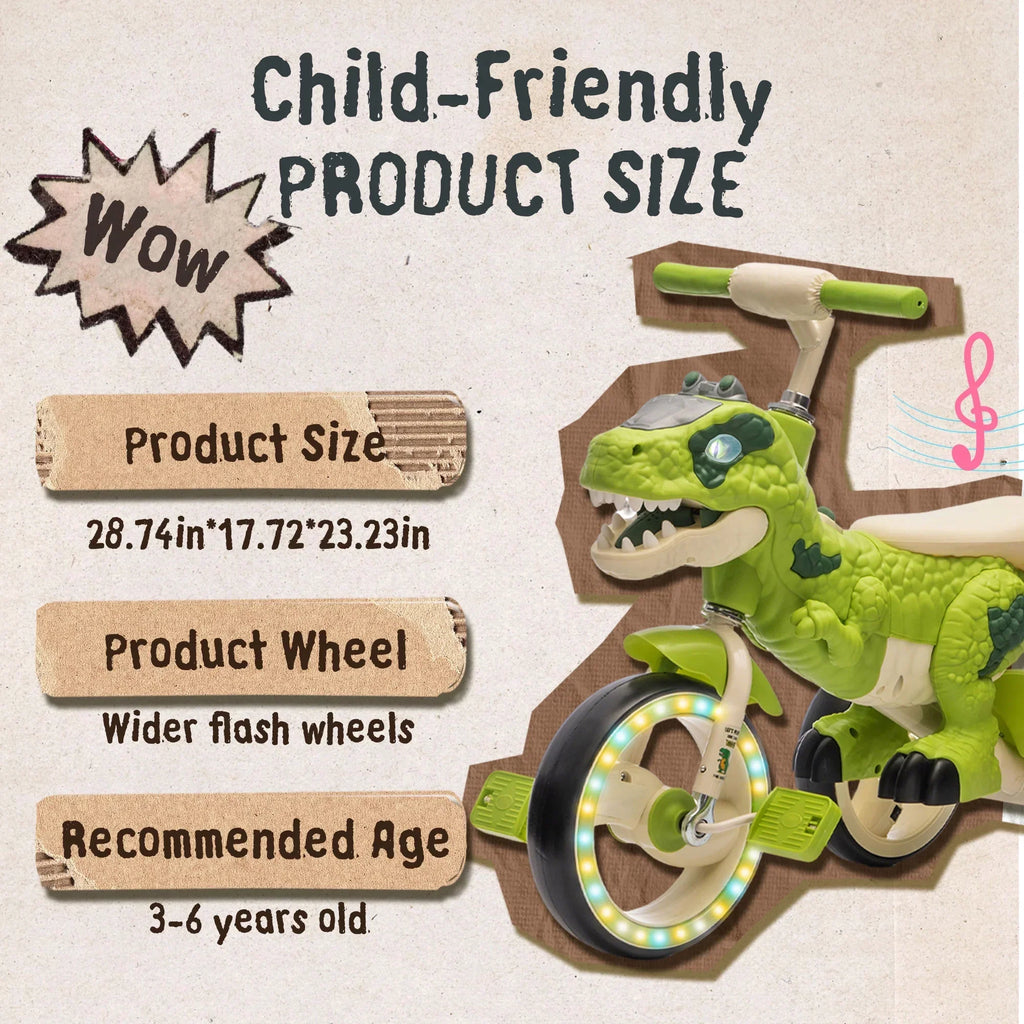 Nouveauté 2026 – Tricycle dinosaure Xuanlur pour enfants , avec larges roues lumineuses, pédales antidérapantes, panier arrière, musique et lumières LED, jouet idéal pour les enfants de 3 à 6 ans (vert
