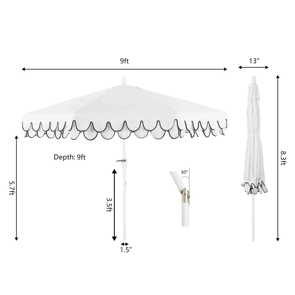 Nouveauté 2026 – Parasol de marché JONATHAN Y Tracy 2,74 m (9 pi), style classique milieu du siècle, franges festonnées, manivelle d'inclinaison automatique, aération et protection UV, rose corail/blanc, mât marron foncé