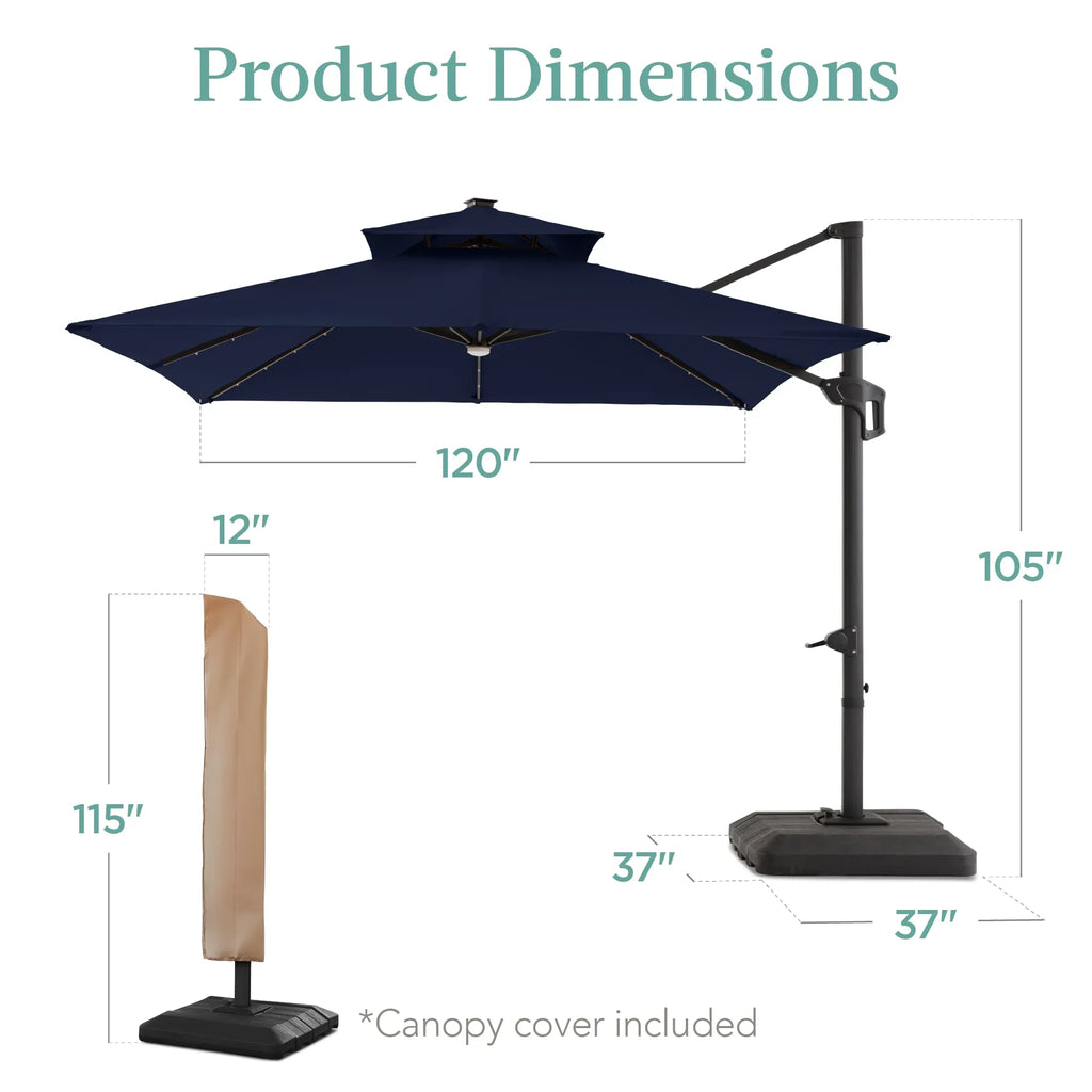 Nouveauté 2026 – Parasol de terrasse carré déporté à deux niveaux, 3 x 3 m, à éclairage solaire LED, avec base incluse (Best Choice Products, ) - Beige