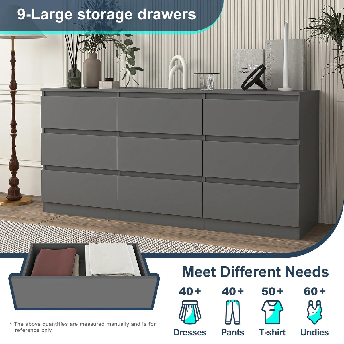 Nouveauté 2026 – Commode Resenkos moderne style milieu du siècle, 6 tiroirs, large, pour chambre à coucher, grise